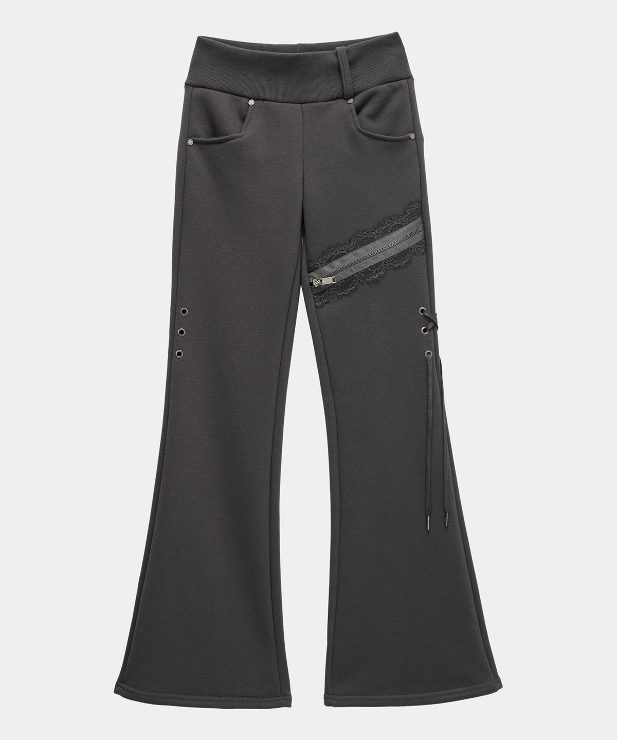 에트오소메(ETRE AU SOMMET) Lace Zipper Layer Bootcut Pants (Dark Gray)