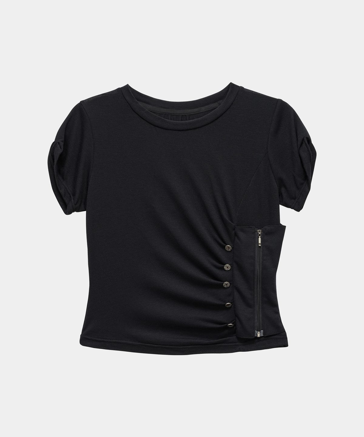 에트오소메(ETRE AU SOMMET) Drape Pintuck Zipper Roll-Up Short Top (Black)