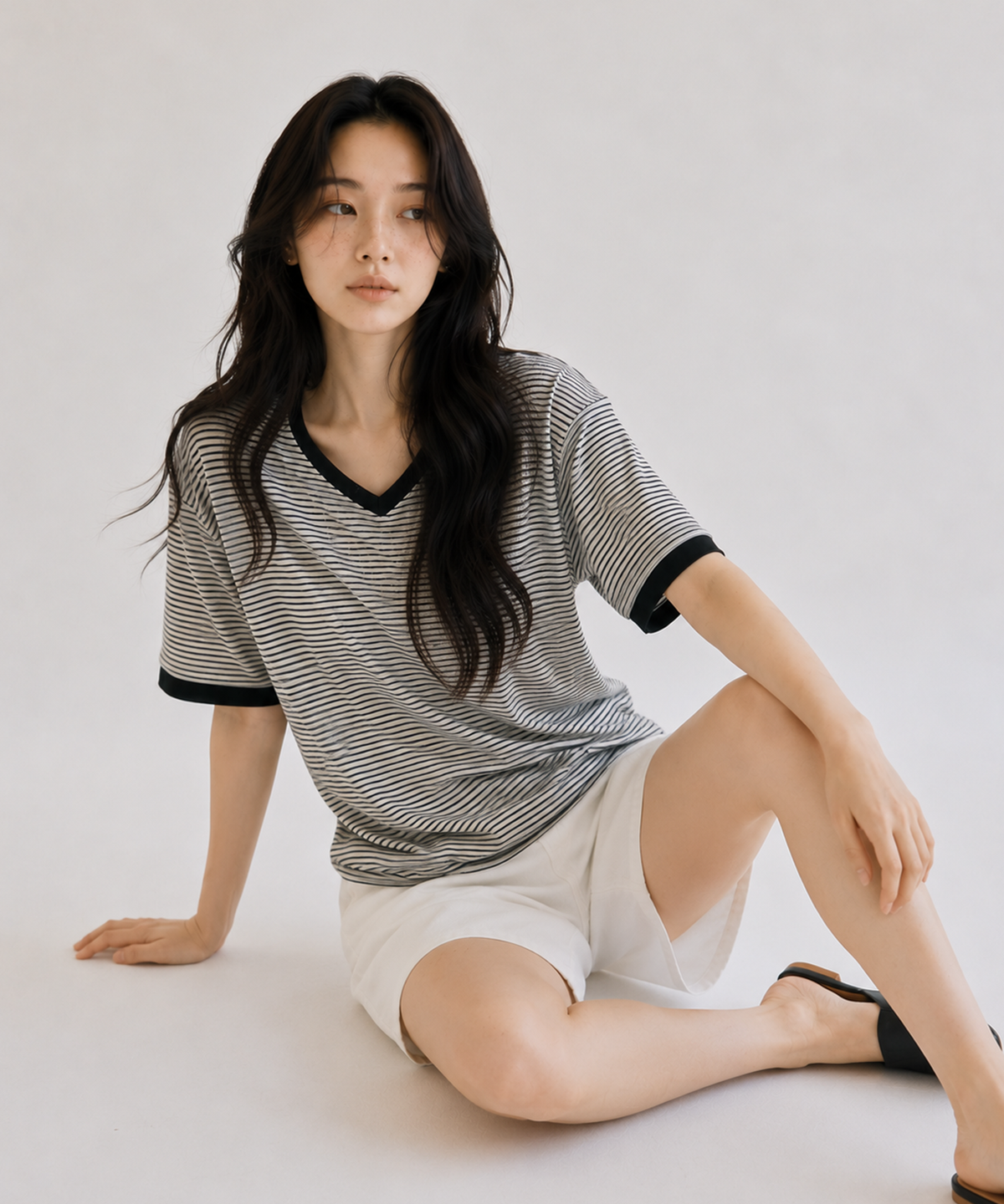 사유(SAYUU) 메리노 울 스트라이프 브이넥 반팔 티 아이보리