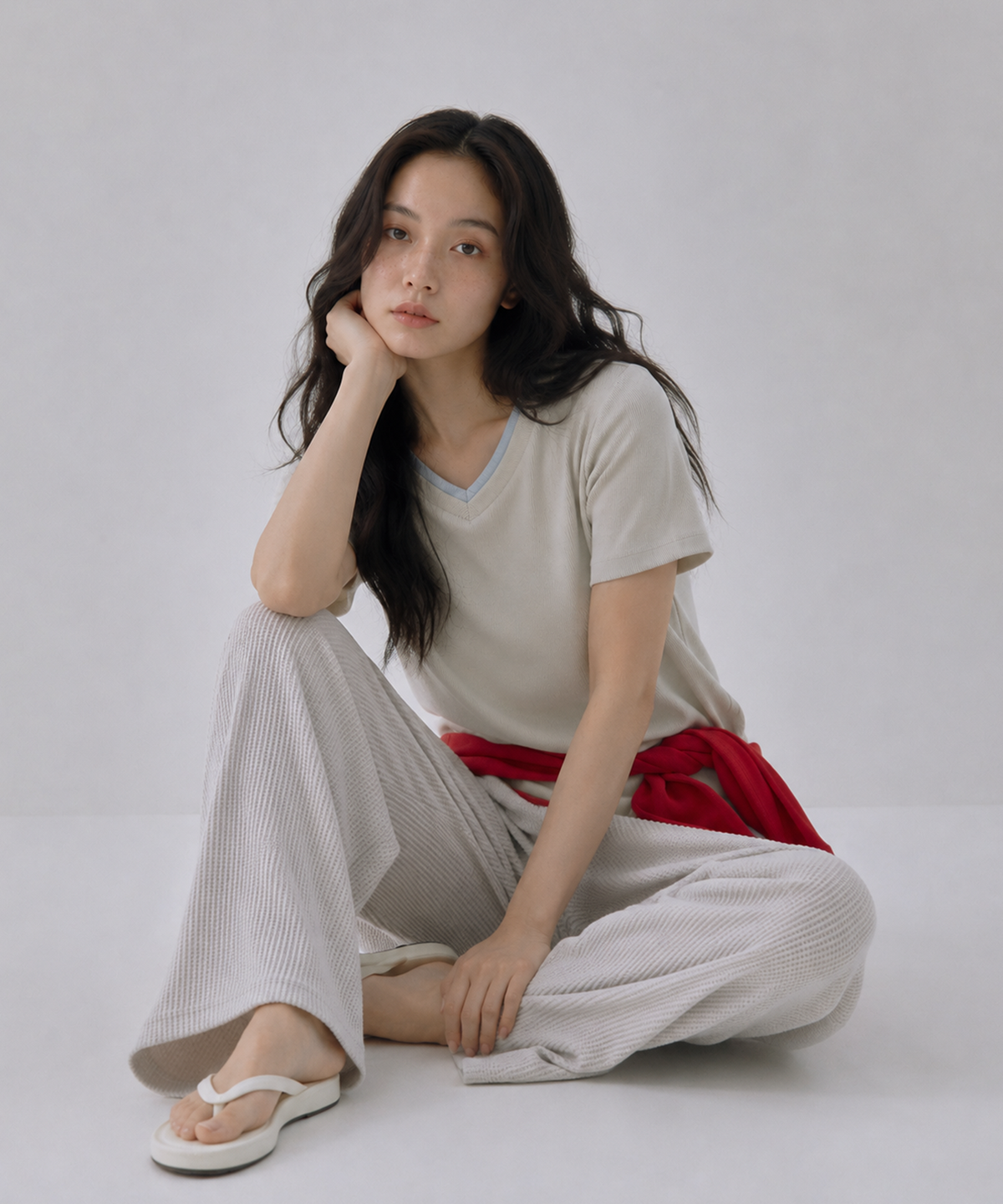사유(SAYUU) 립 레이어드 브이넥 티셔츠 라이트 카키
