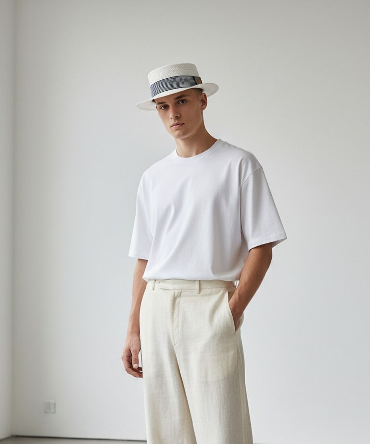 유니버셜 케미스트리(UNIVERSAL CHEMISTRY) Stripe Line White Short Panama Hat 파나마햇