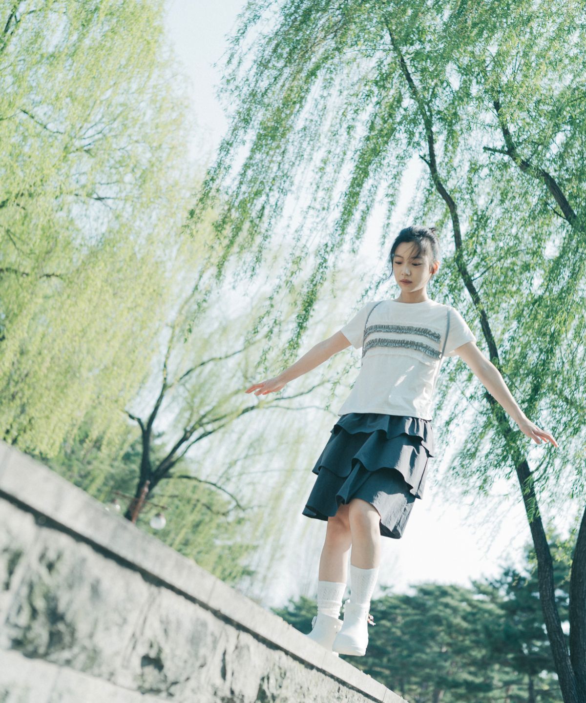 오헤시오(OHESHIO) MIXED BANDING SHIRRING SKIRT, CHARCOAL
