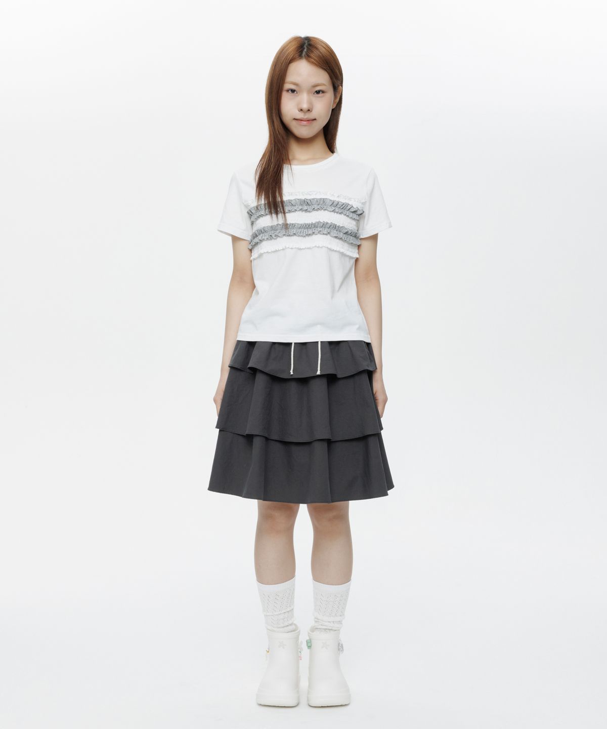 오헤시오(OHESHIO) MIXED BANDING SHIRRING SKIRT, CHARCOAL