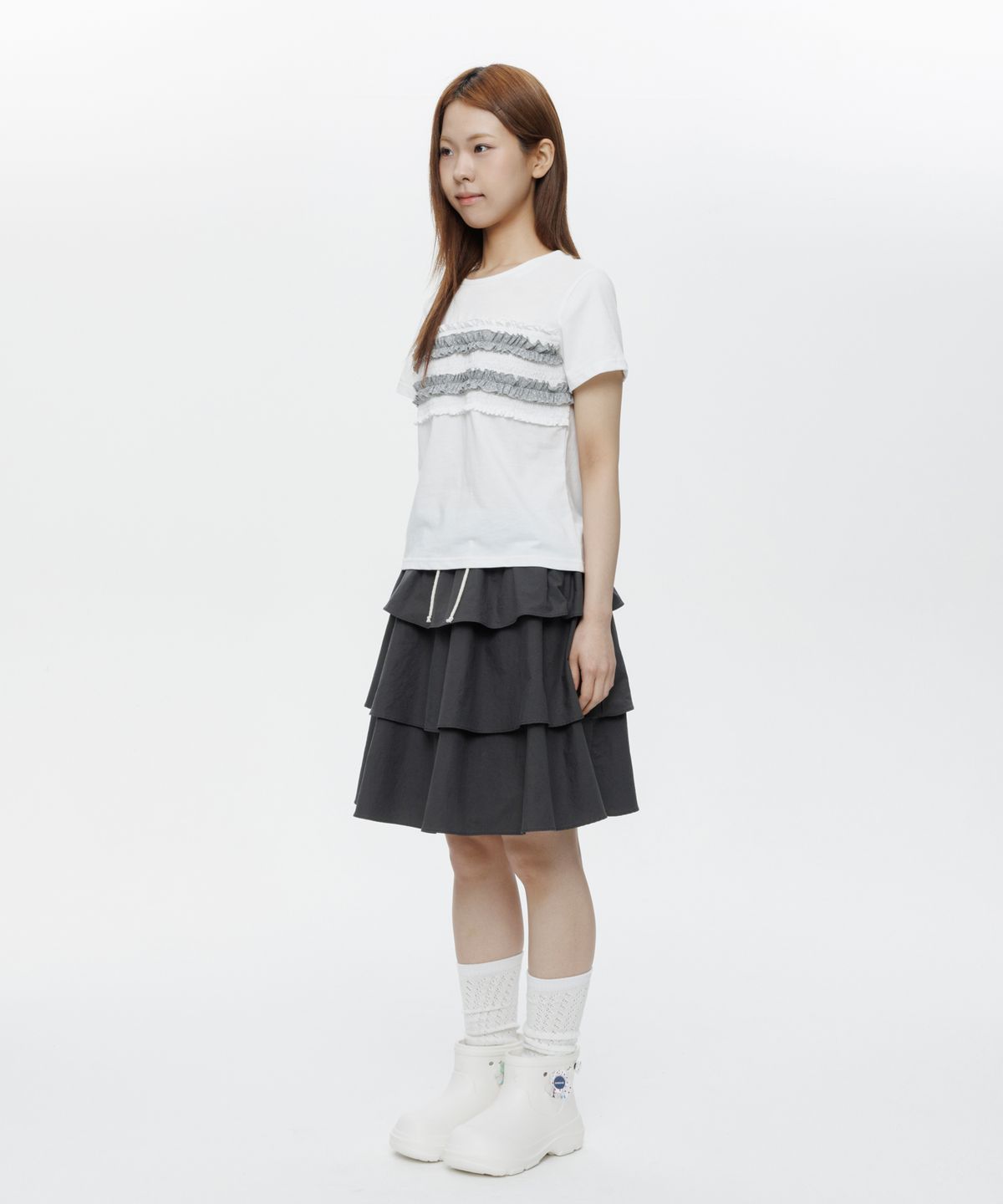 오헤시오(OHESHIO) MIXED BANDING SHIRRING SKIRT, CHARCOAL