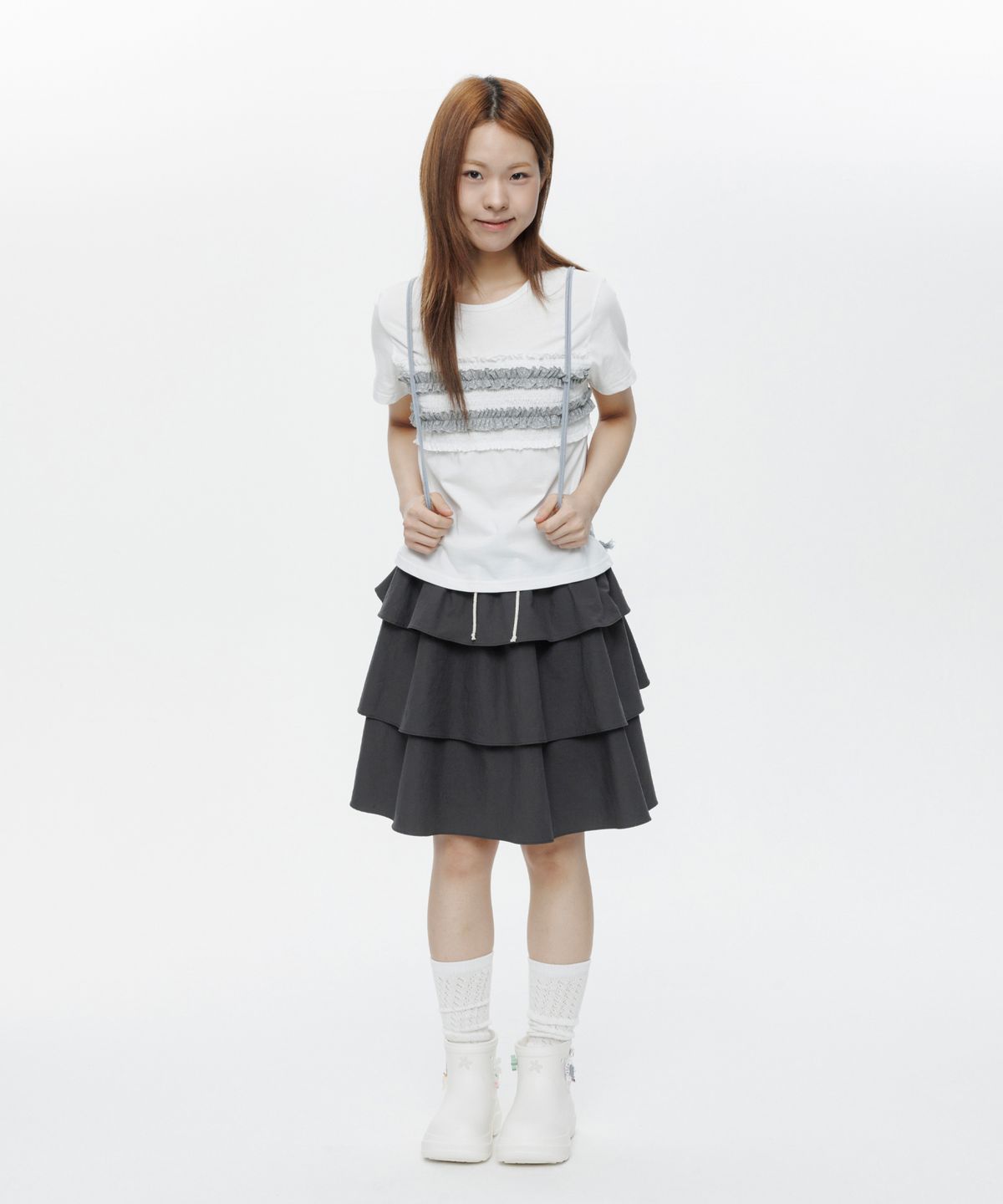 오헤시오(OHESHIO) MIXED BANDING SHIRRING SKIRT, CHARCOAL