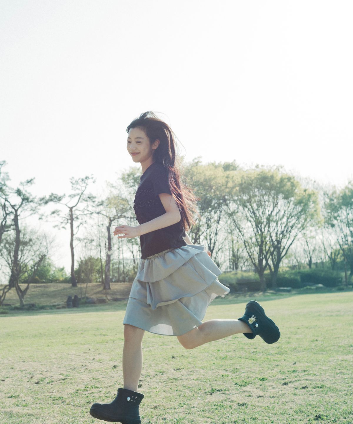 오헤시오(OHESHIO) MIXED BANDING SHIRRING SKIRT, SKY BLUE