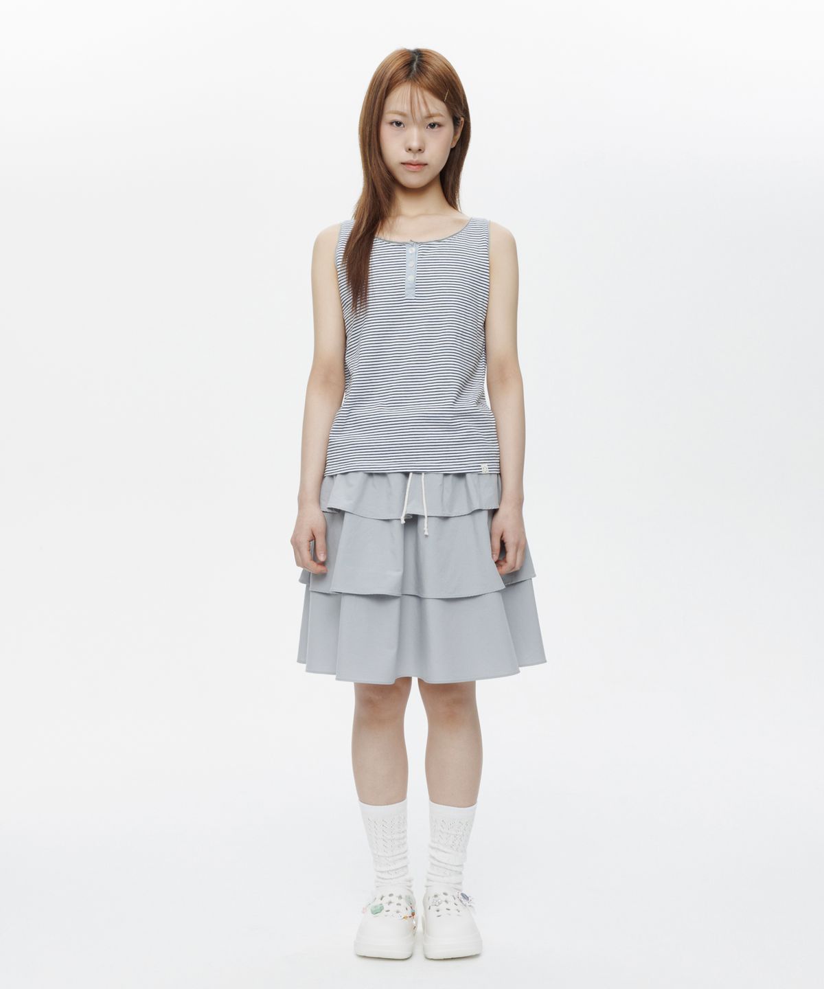 오헤시오(OHESHIO) MIXED BANDING SHIRRING SKIRT, SKY BLUE