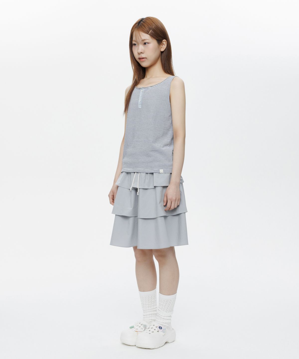 오헤시오(OHESHIO) MIXED BANDING SHIRRING SKIRT, SKY BLUE