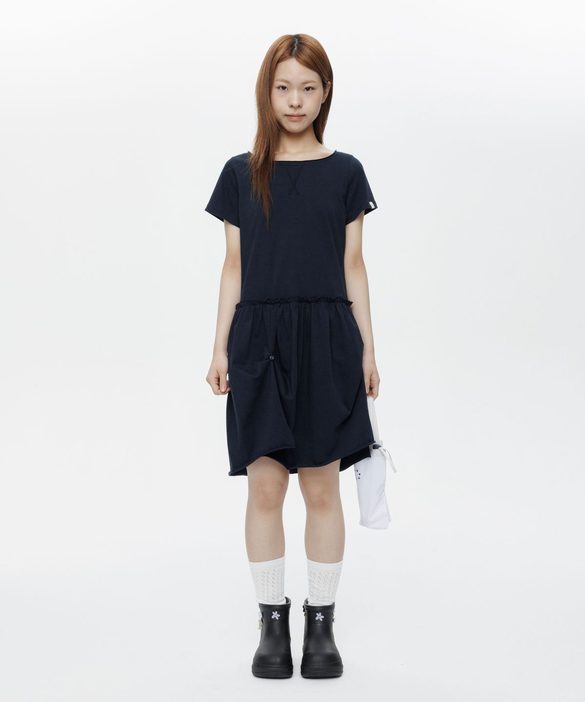 오헤시오(OHESHIO) JERSEY FRILL DRESS, NAVY
