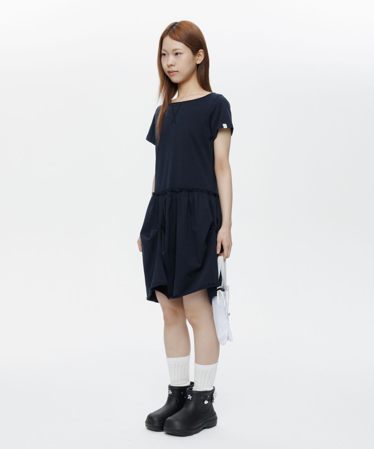 오헤시오(OHESHIO) JERSEY FRILL DRESS, NAVY
