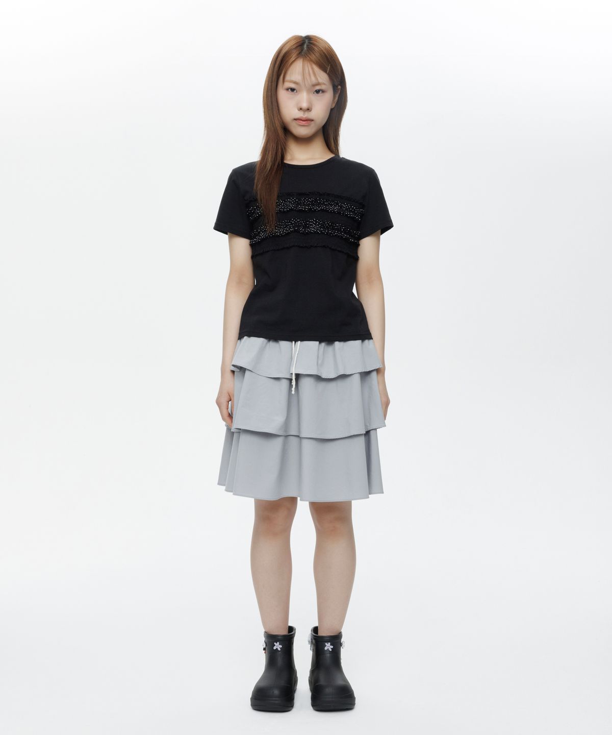 오헤시오(OHESHIO) DOT FRILL T-SHIRT, BLACK