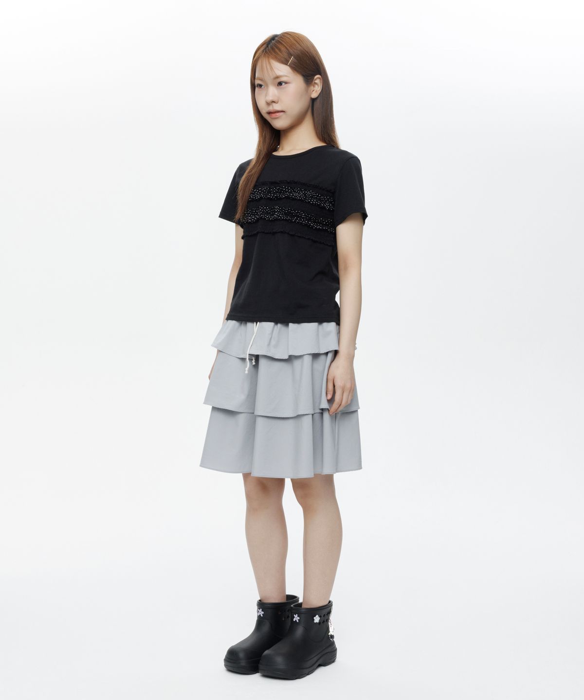 오헤시오(OHESHIO) DOT FRILL T-SHIRT, BLACK
