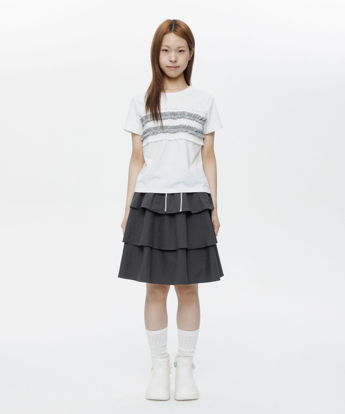 오헤시오(OHESHIO) DOT FRILL T-SHIRT, WHITE