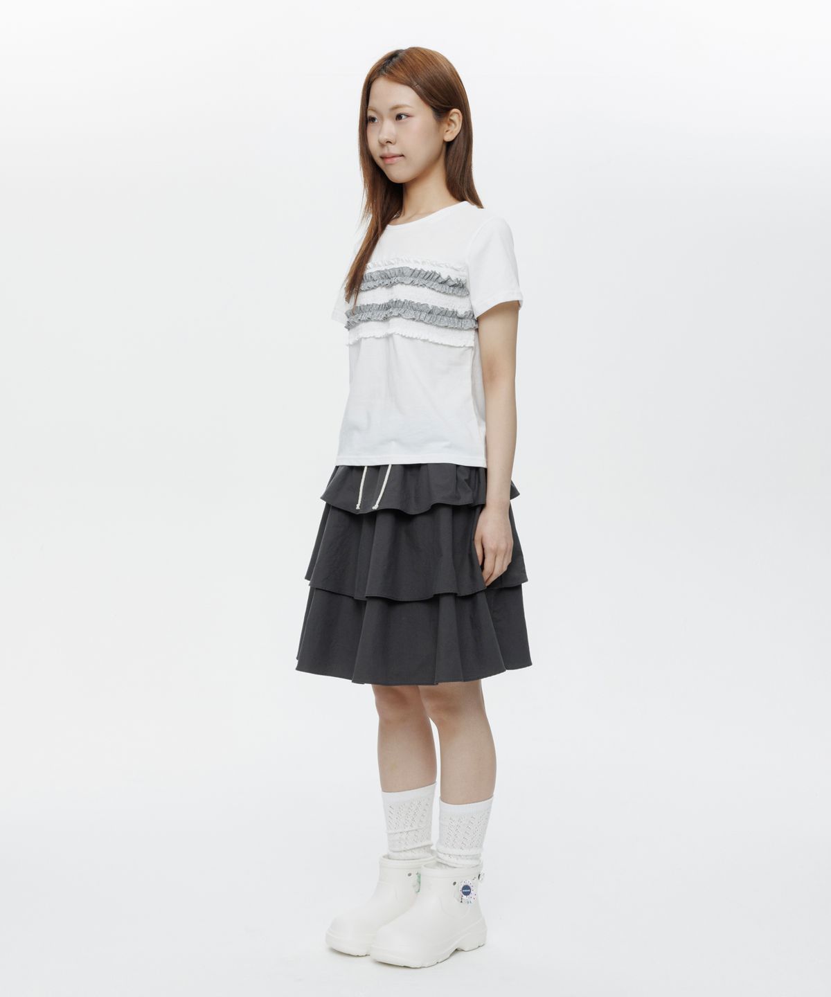 오헤시오(OHESHIO) DOT FRILL T-SHIRT, WHITE
