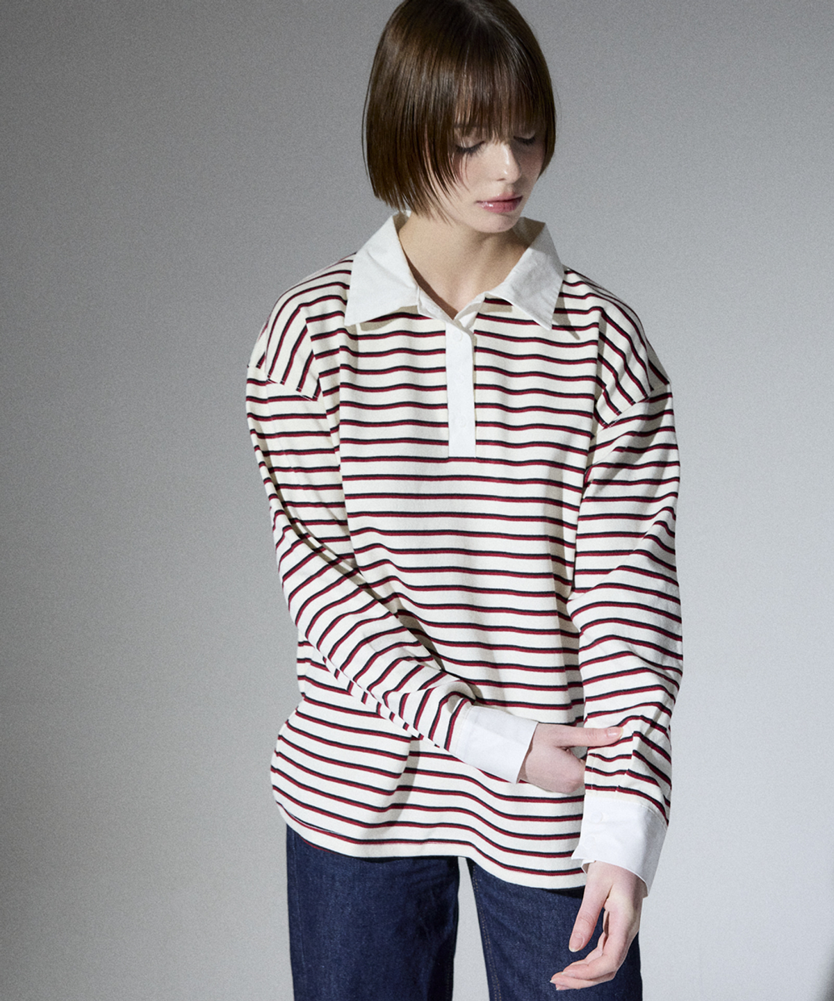 알리에나(ALIENAR) Stripe shirt collared long-sleeve(WH)