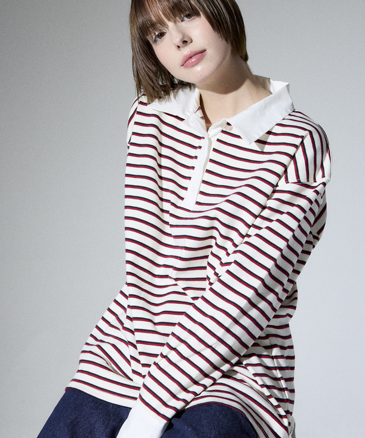 알리에나(ALIENAR) Stripe shirt collared long-sleeve(WH)