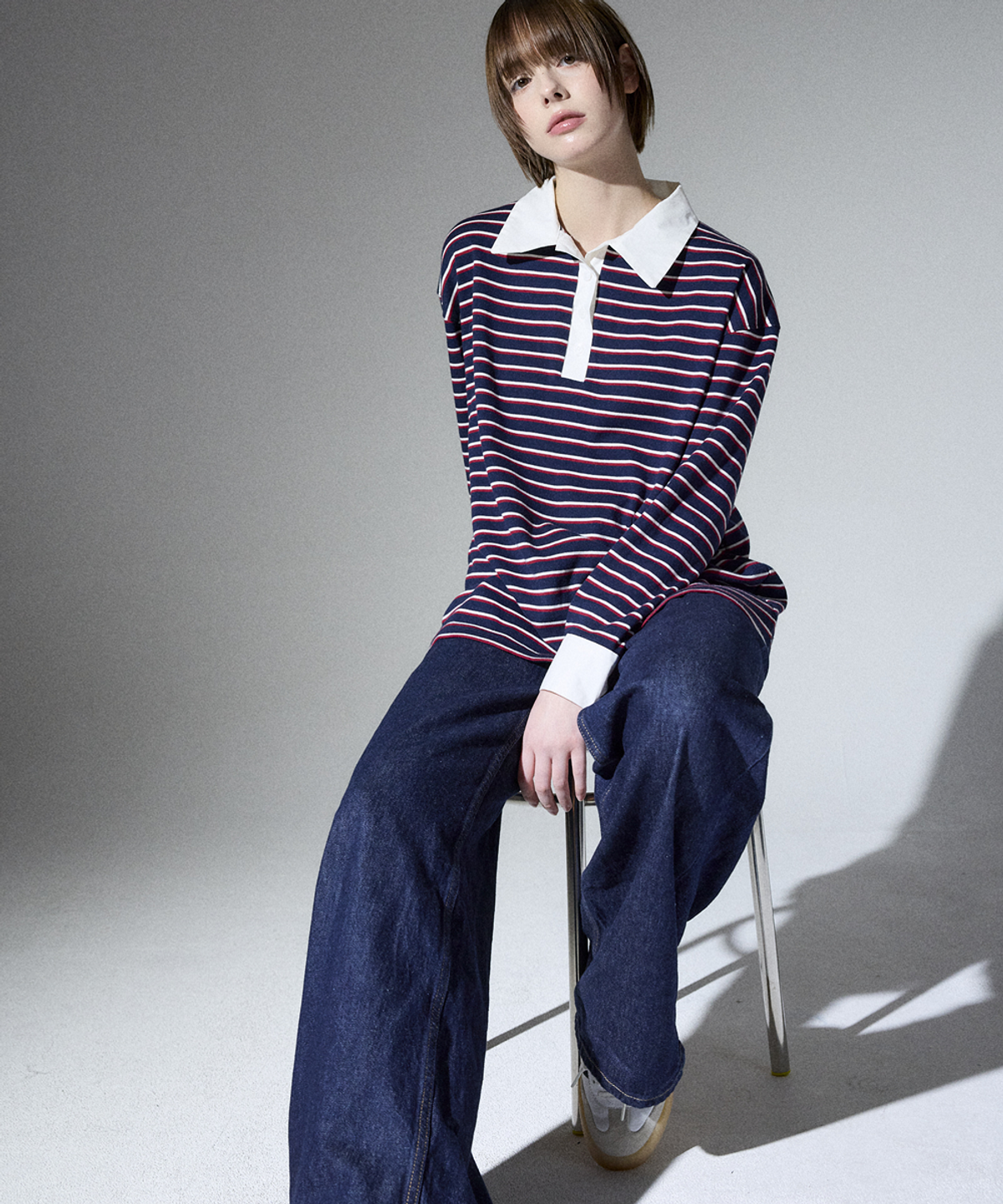 알리에나(ALIENAR) Stripe shirt collared long-sleeve(NV)