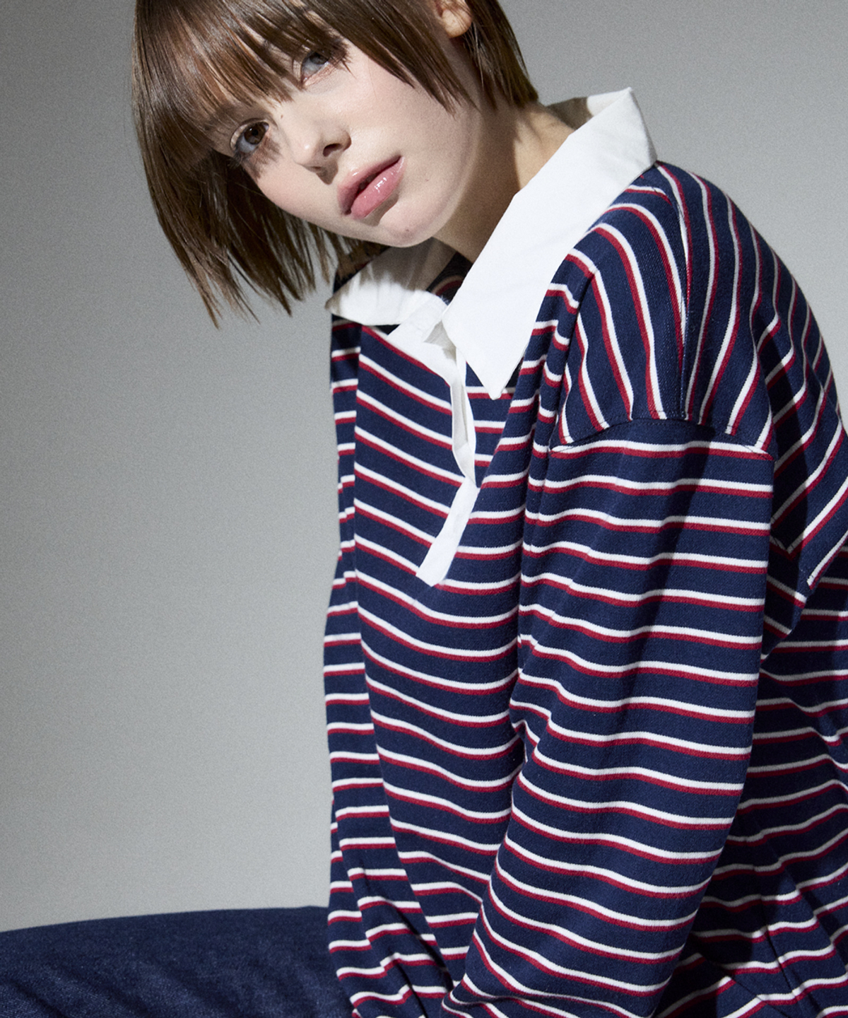알리에나(ALIENAR) Stripe shirt collared long-sleeve(NV)
