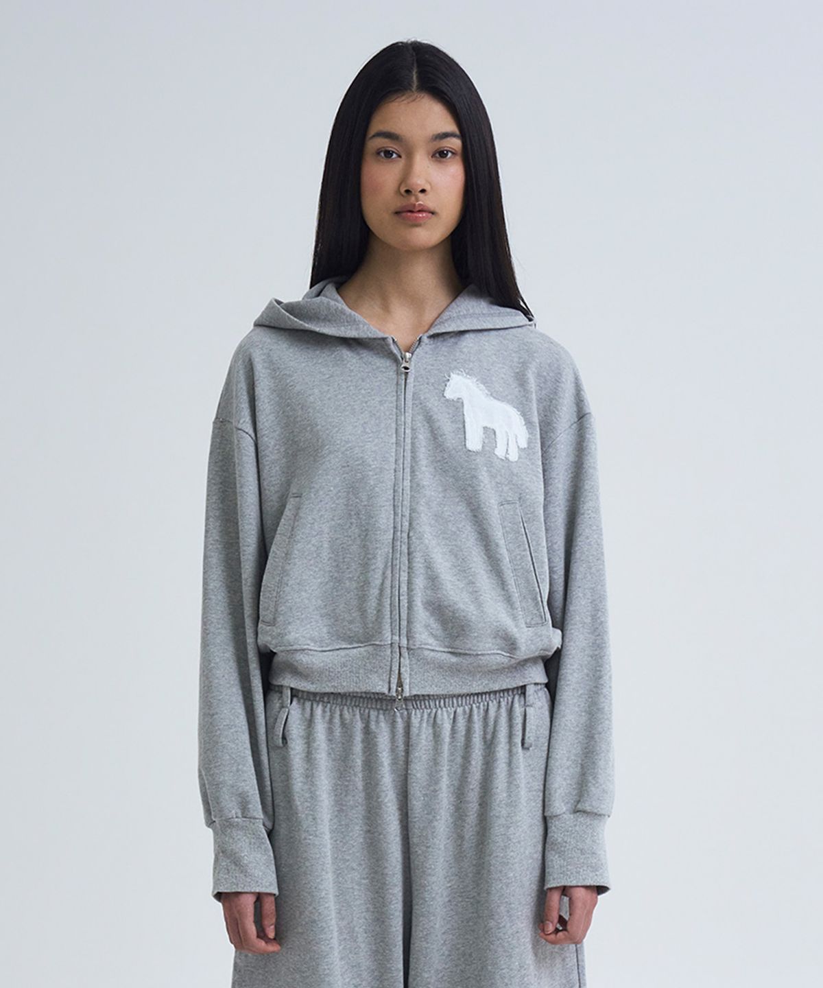 언틸디예스(UNTIL THE YES) Horse Appliqué Zip Hoodie, Grey