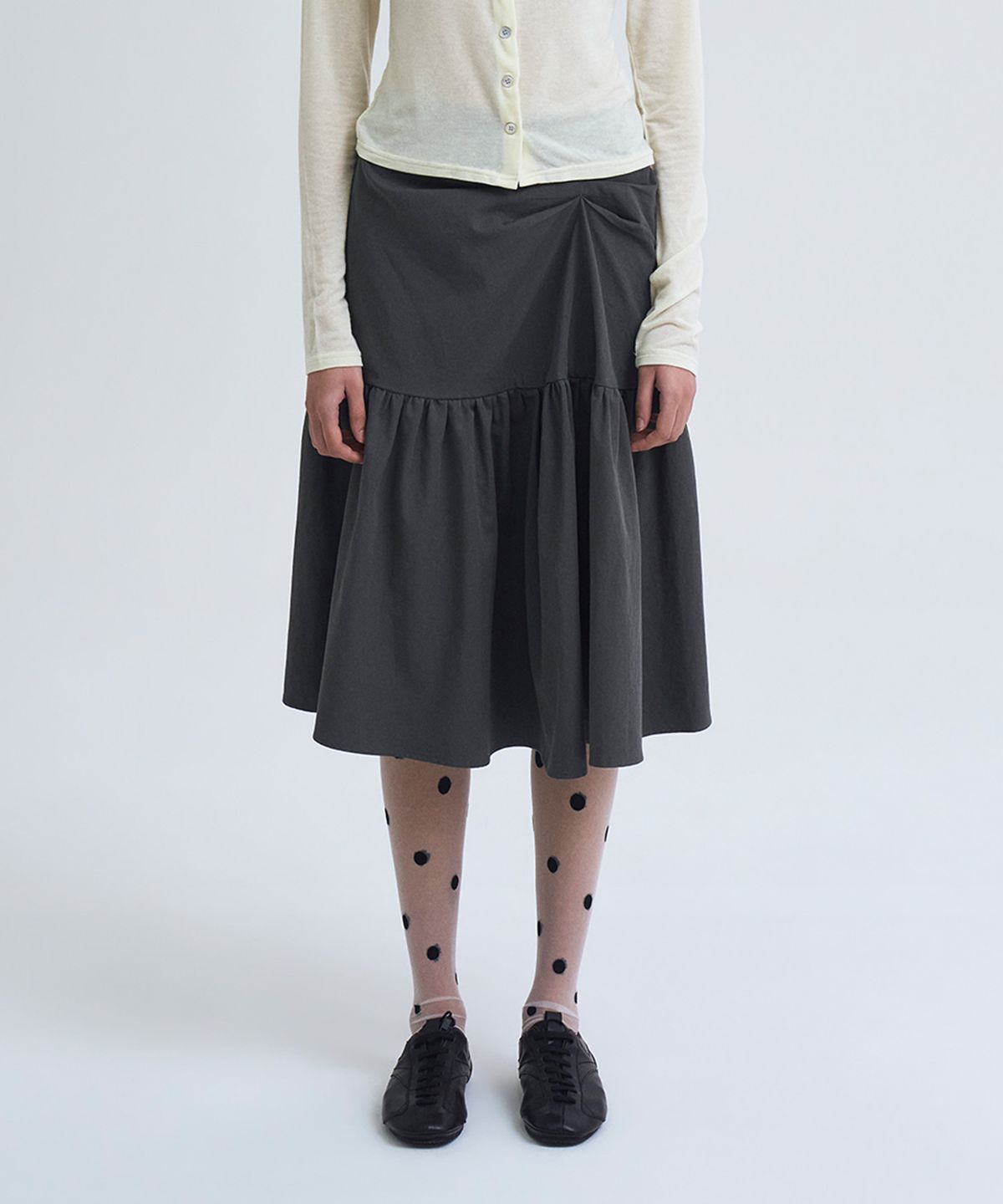 언틸디예스(UNTIL THE YES) Twist Gathered Flare Midi Skirt, Khaki Grey