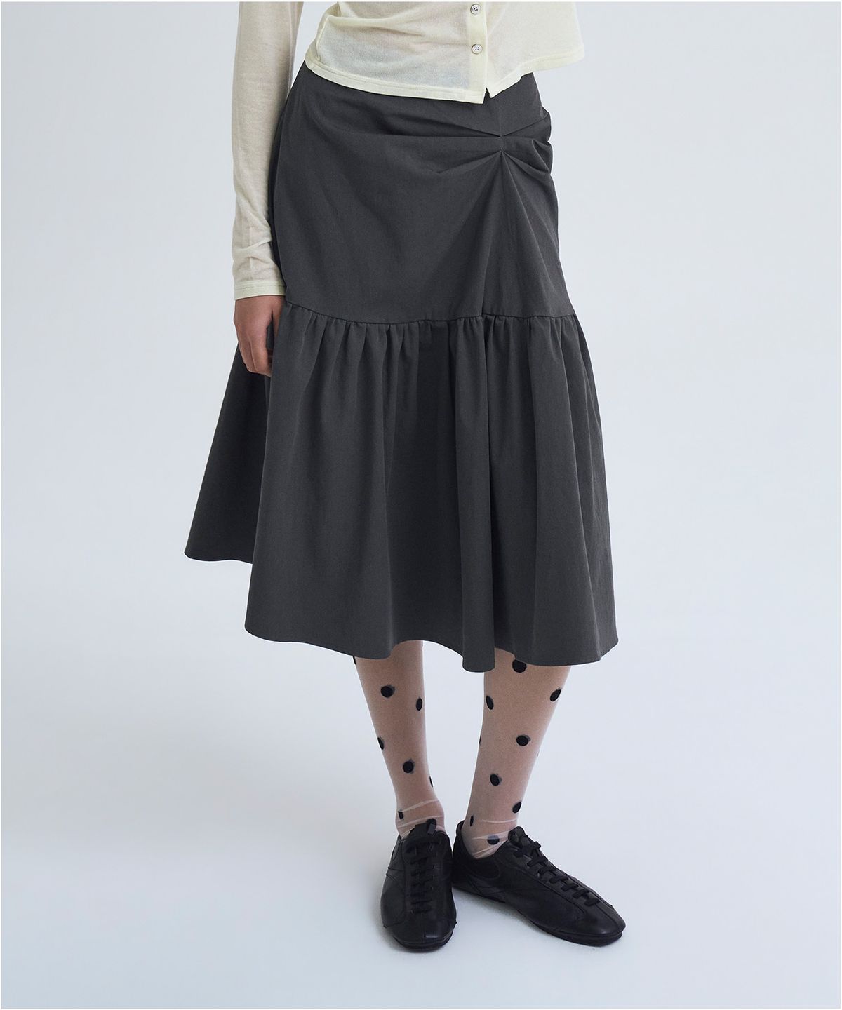 언틸디예스(UNTIL THE YES) Twist Gathered Flare Midi Skirt, Khaki Grey