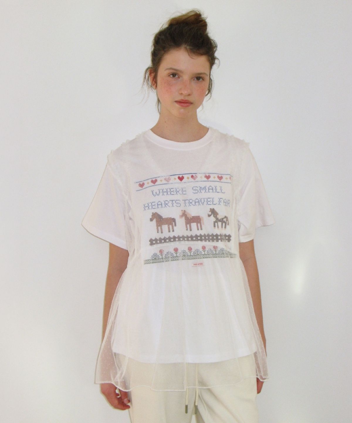 론론(RONRON) SHEER DOT MESH LAYERED TUNIC TOP WHITE