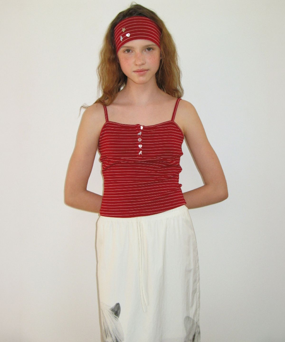 론론(RONRON) HEADBAND SET PONY BUTTON STRIPE SLEEVELESS RED