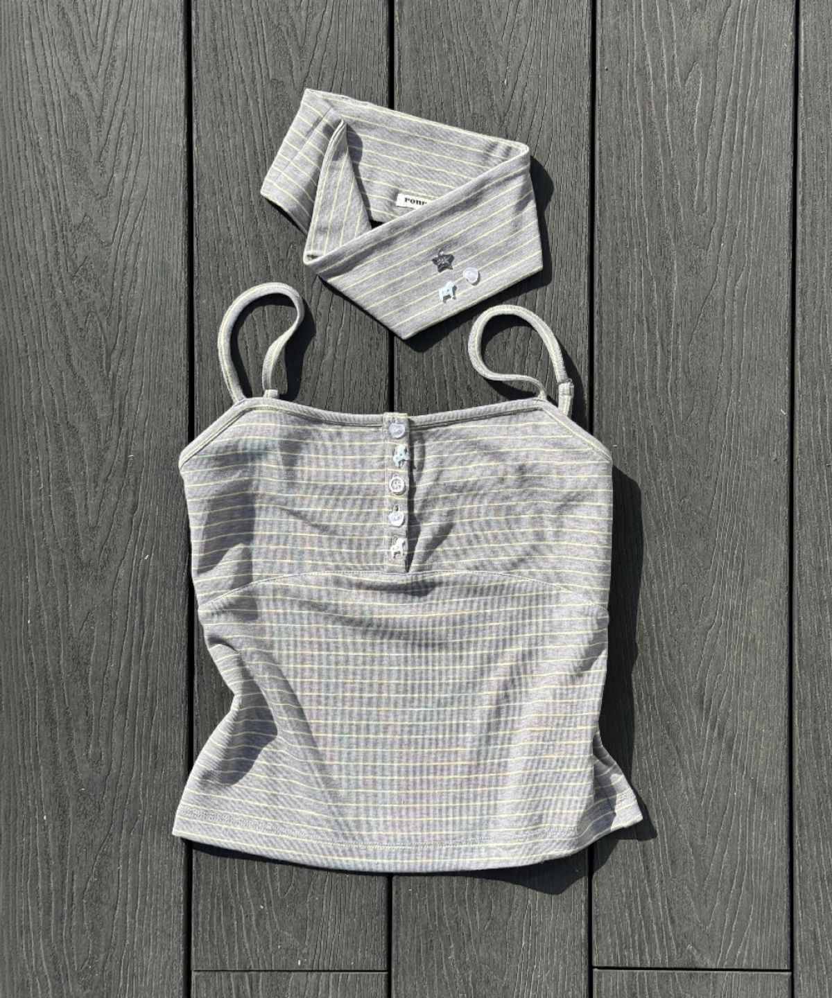 론론(RONRON) HEADBAND SET PONY BUTTON STRIPE SLEEVELESS GREY