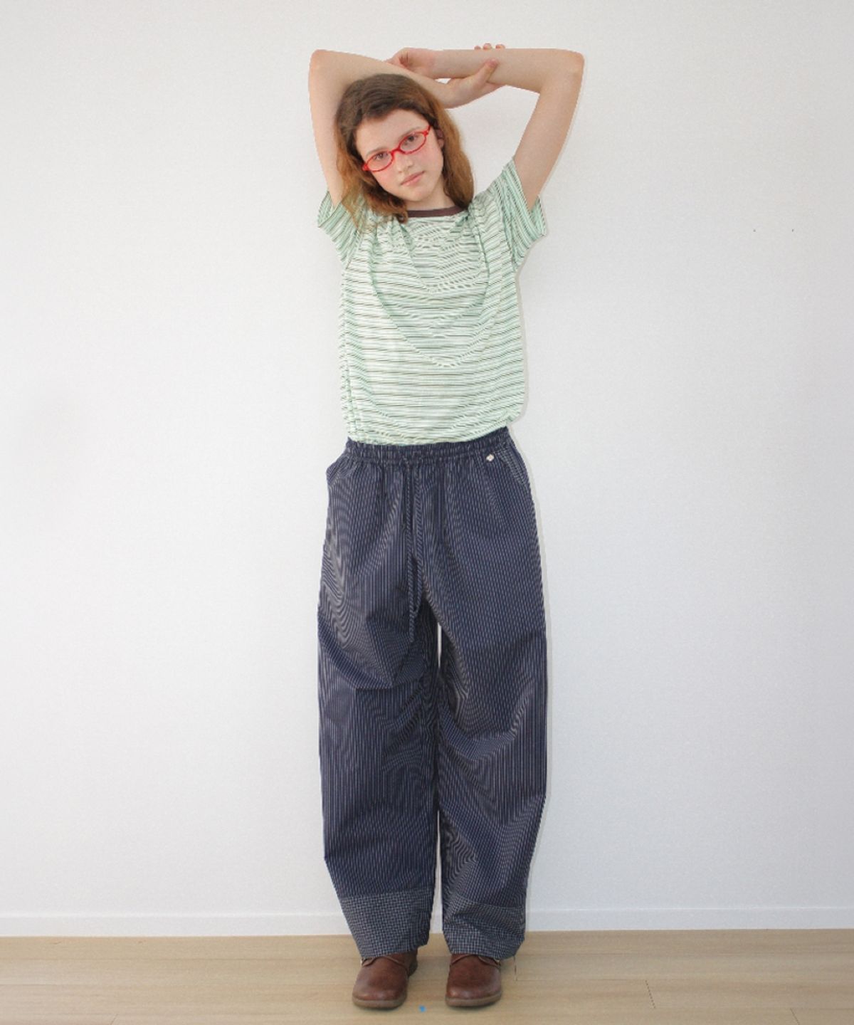 론론(RONRON) STRIPE CHECK PANEL COMFORT PANTS NAVY