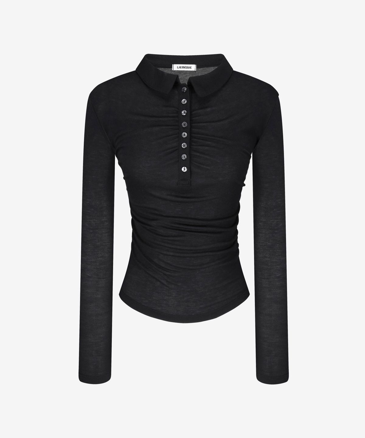 리메크(LIEMÉQUE) 카라 셔링 슬림 버튼 롱슬리브 블랙