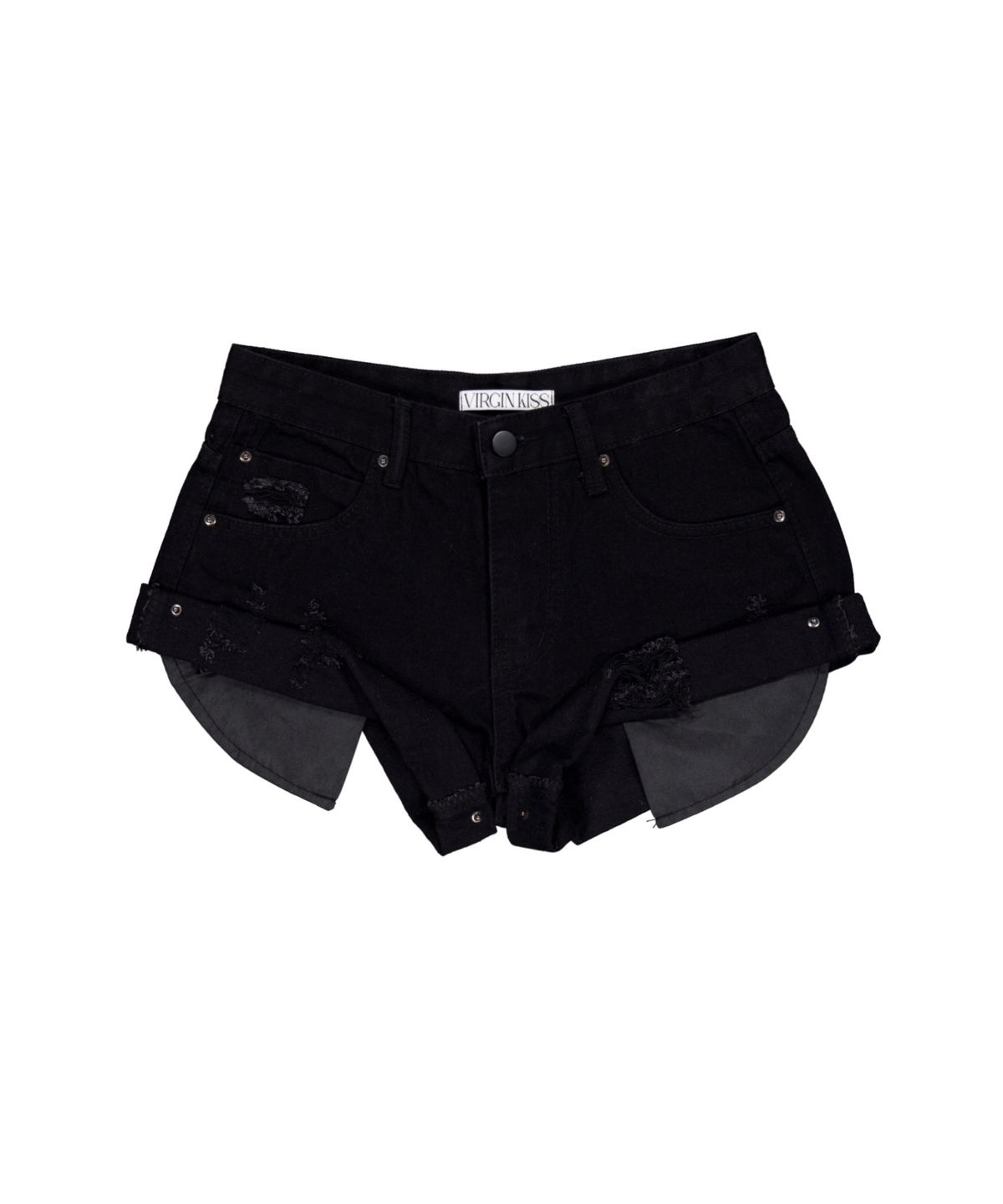 버진키스(VIRGINKISS) Dirty distressed folded denim shorts - BLACK