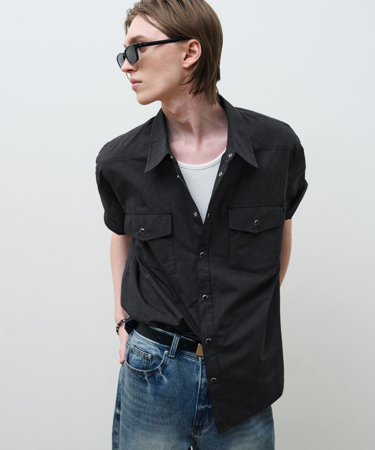 드로우핏(DRAW FIT) 루체 스트라이프 하프 웨스턴 셔츠 [BLACK]
