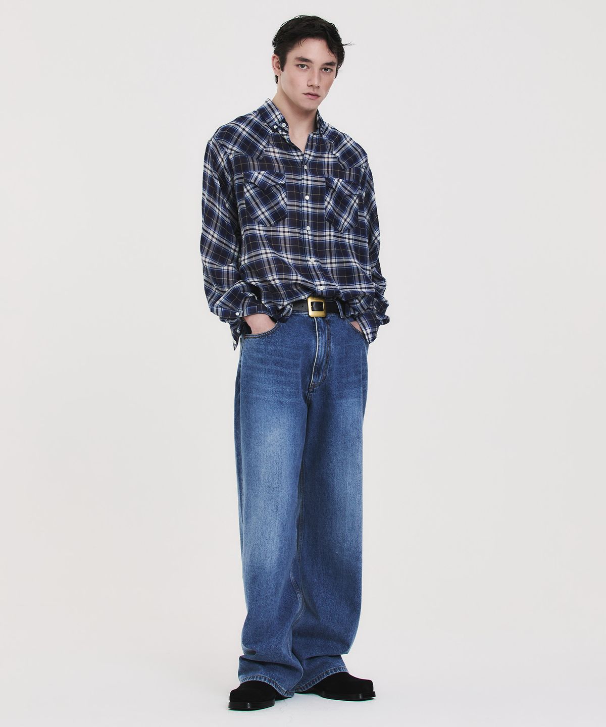노앙(NOHANT) SOFT SHEER CHECK SHIRT NAVY