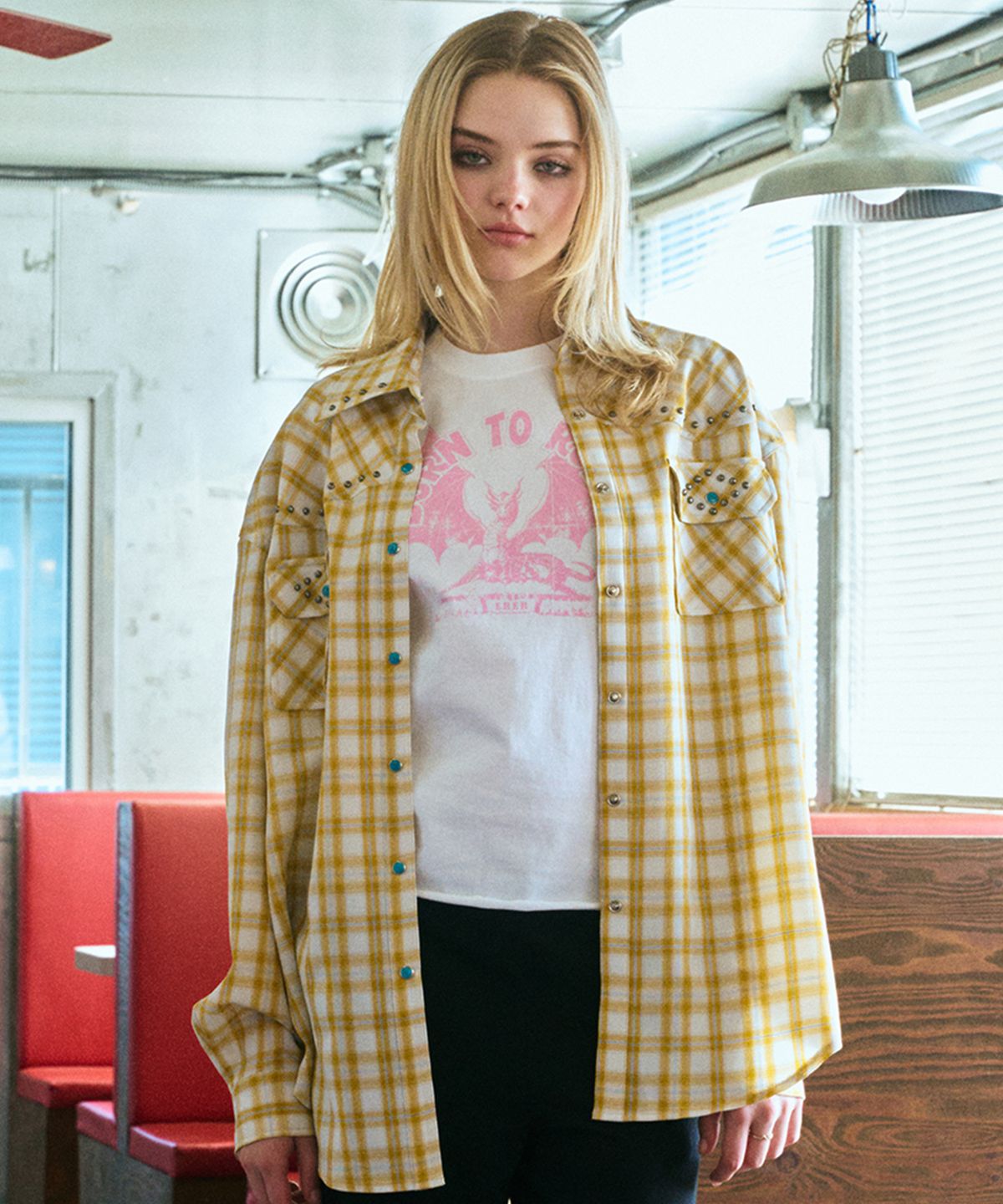 에르에르(ERER) Oversized Sheer Studded Check Shirt Yellow