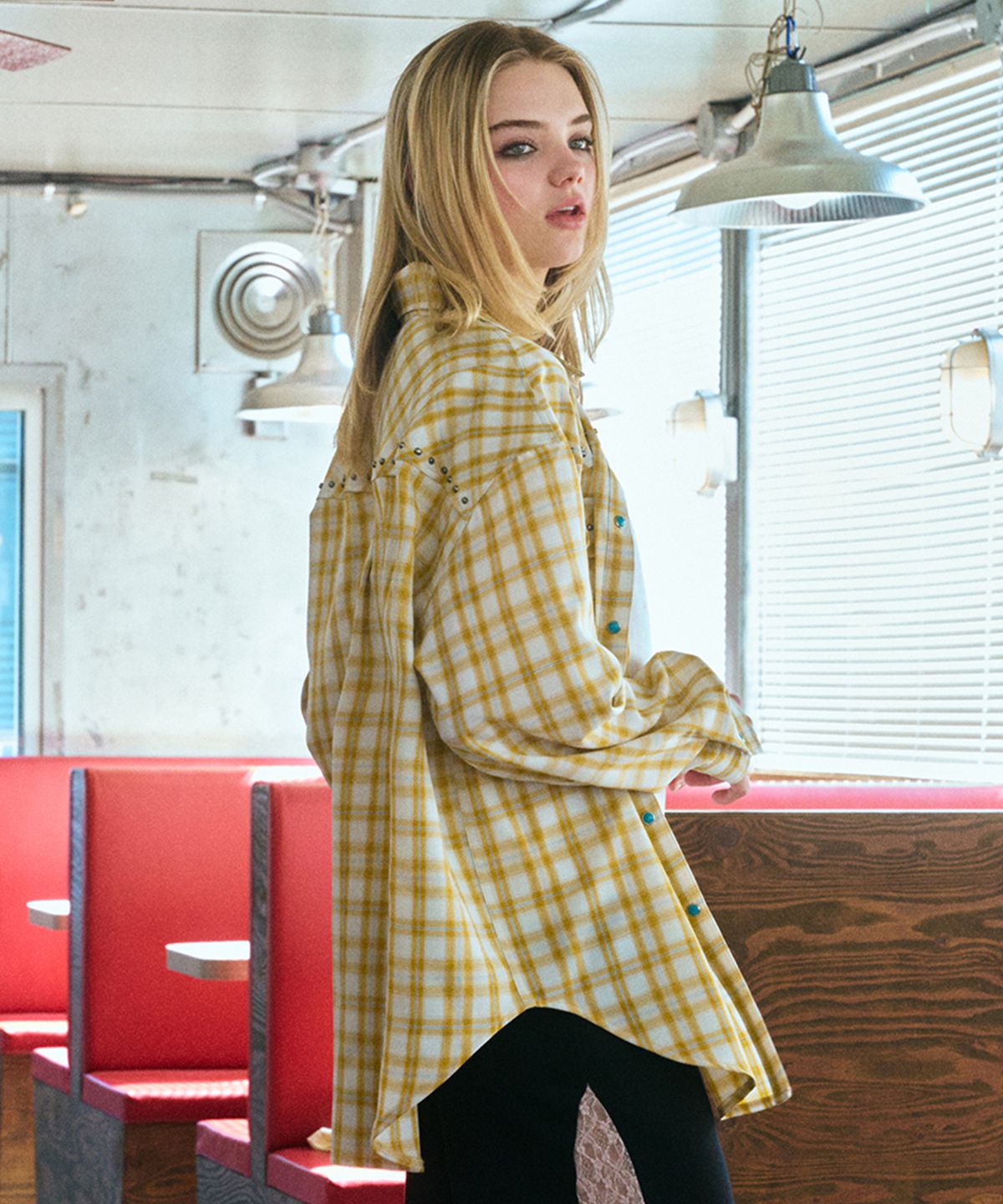 에르에르(ERER) Oversized Sheer Studded Check Shirt Yellow