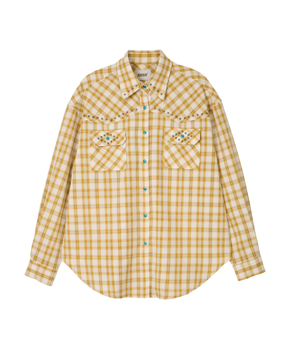 에르에르(ERER) Oversized Sheer Studded Check Shirt Yellow