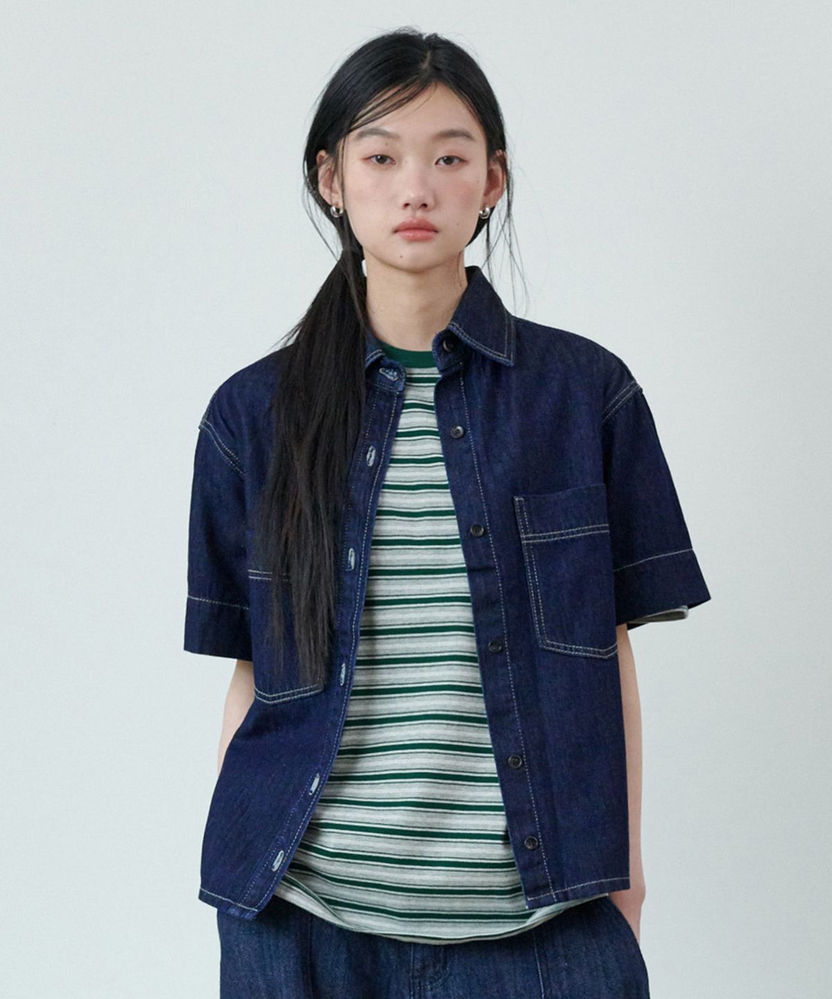 굿라이프웍스(GLW) [unisex] 데님 크롭 하프 셔츠 인디고