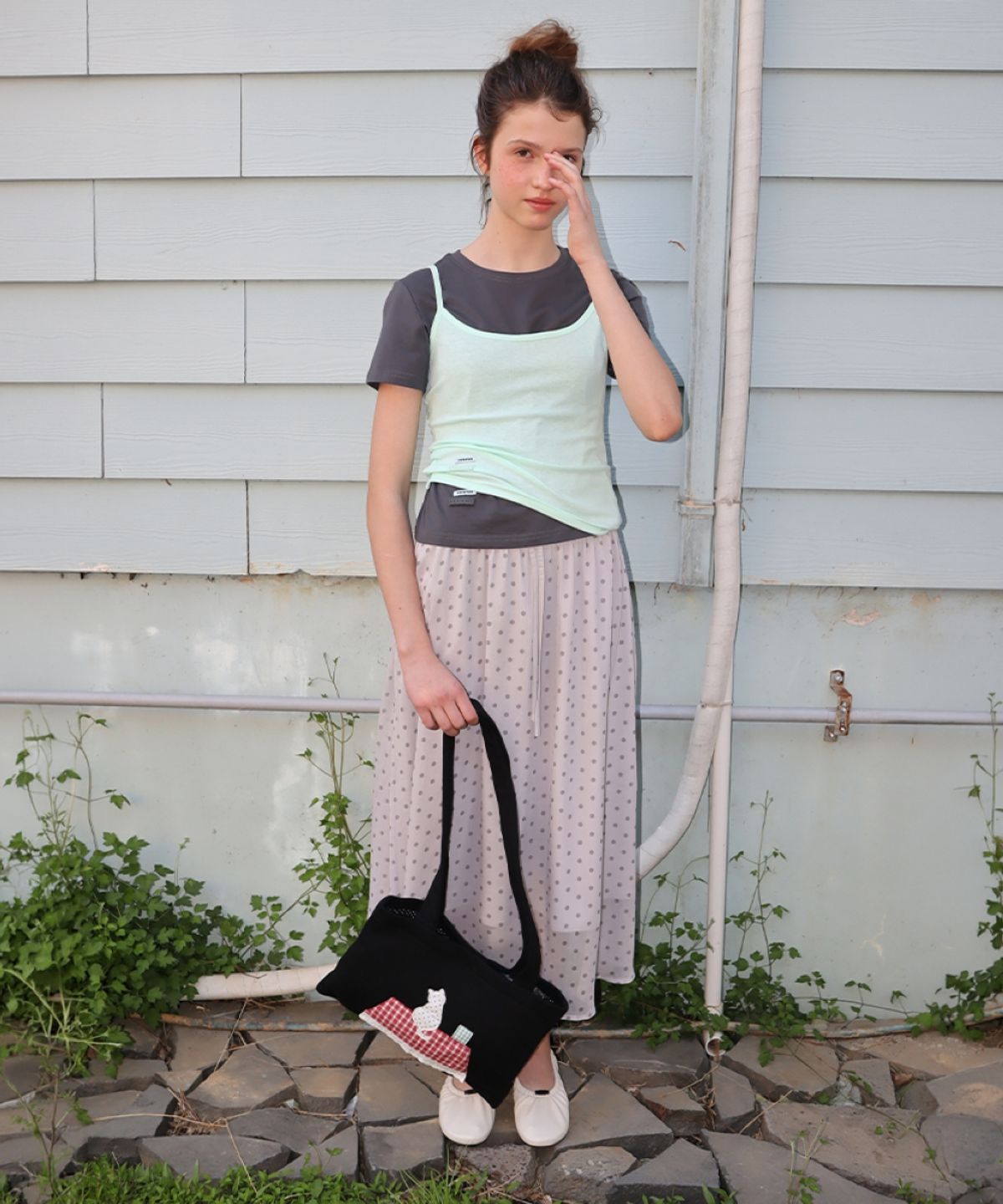론론(RONRON) SHEER PATTERN STRING LONG SKIRT DOT GREY
