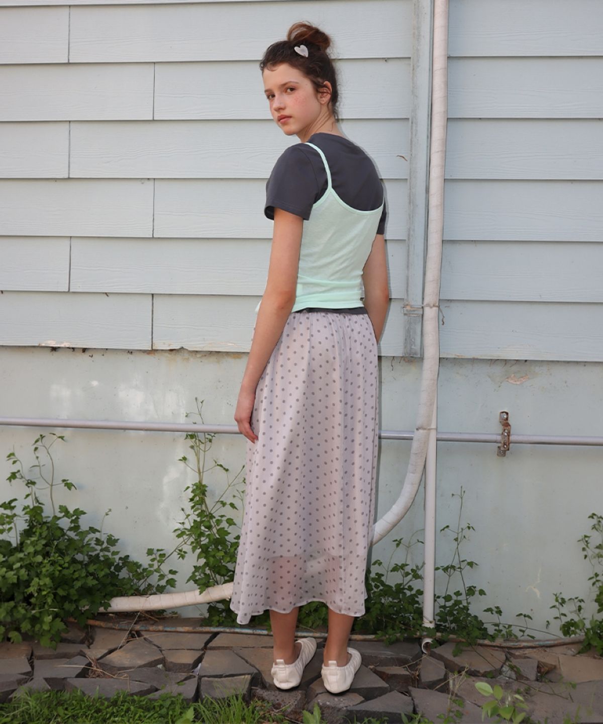 론론(RONRON) SHEER PATTERN STRING LONG SKIRT DOT GREY