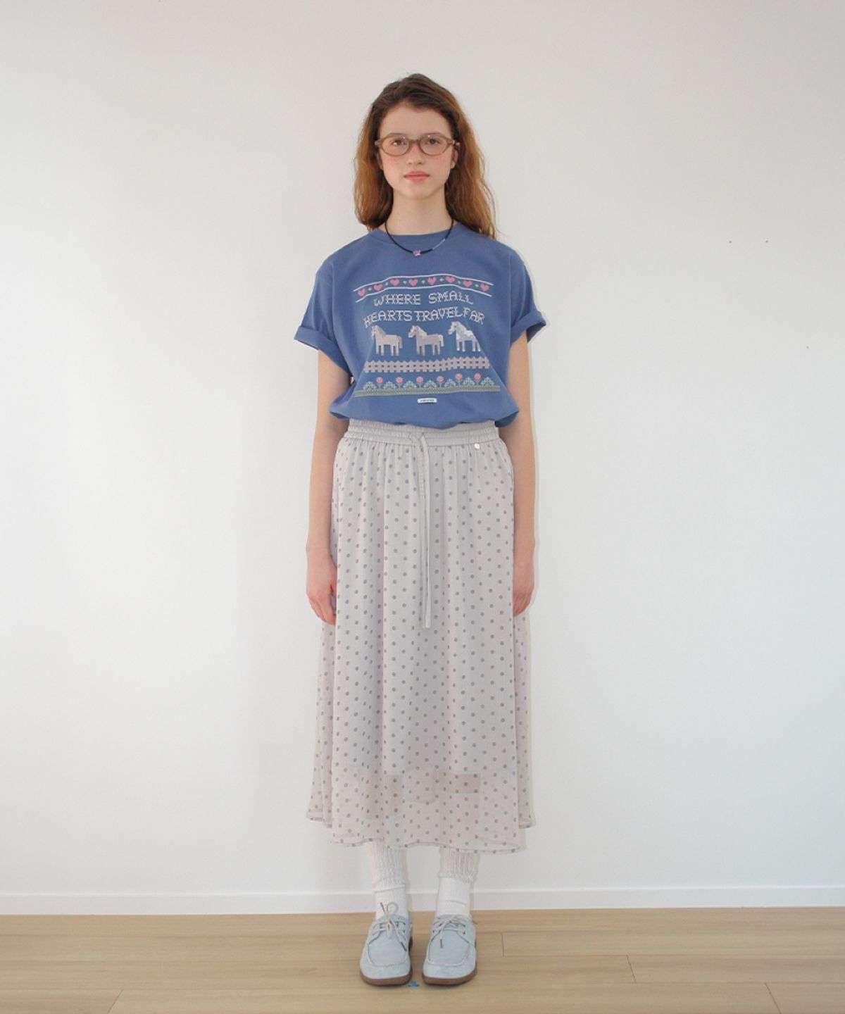론론(RONRON) SHEER PATTERN STRING LONG SKIRT DOT GREY