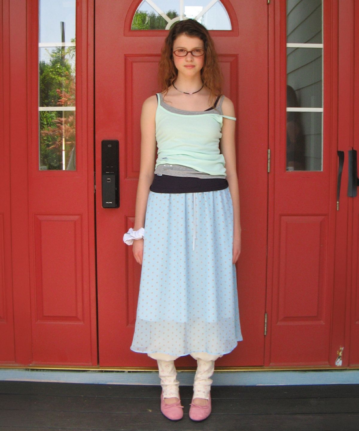 론론(RONRON) SHEER PATTERN STRING LONG SKIRT DOT BLUE