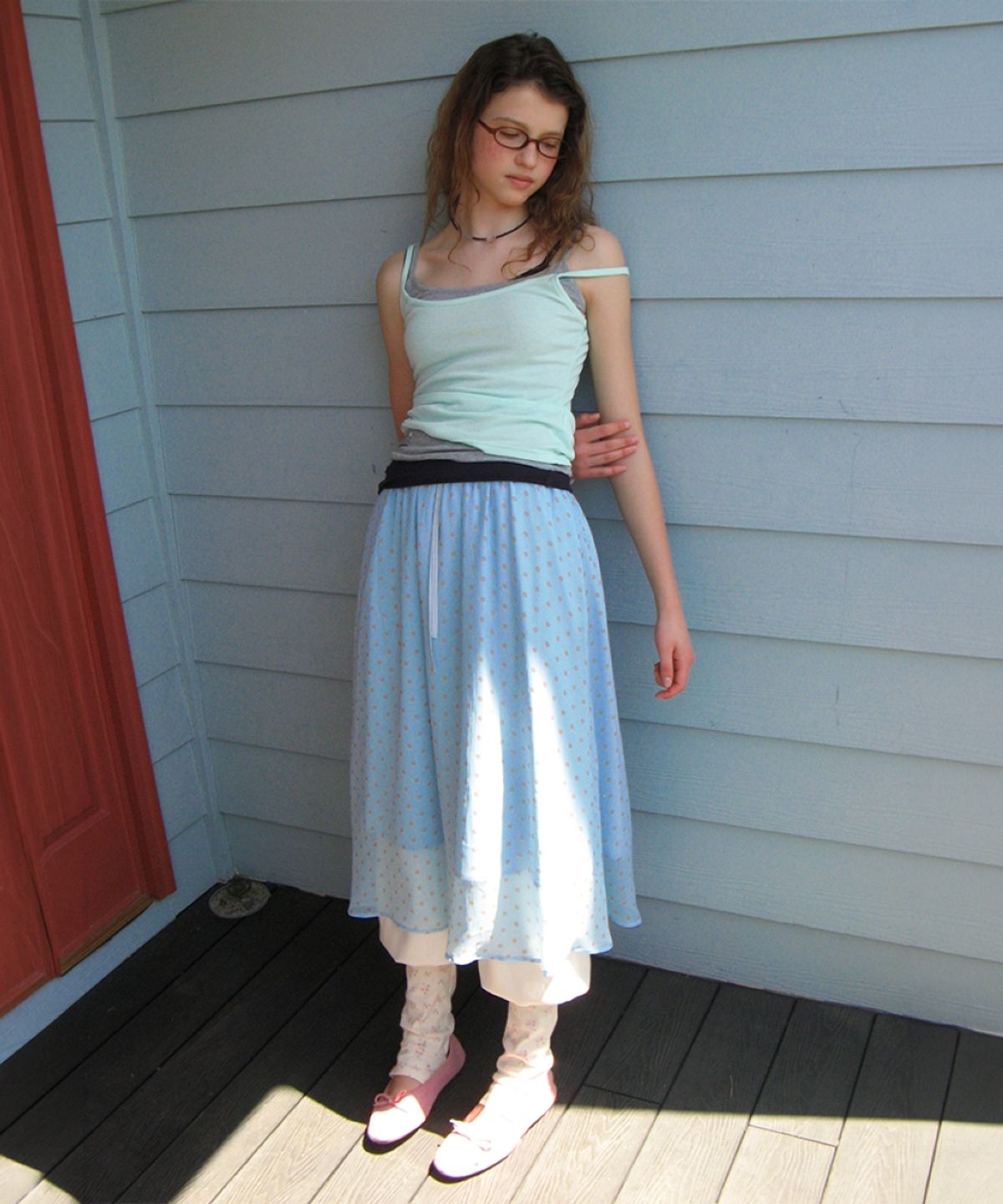 론론(RONRON) SHEER PATTERN STRING LONG SKIRT DOT BLUE