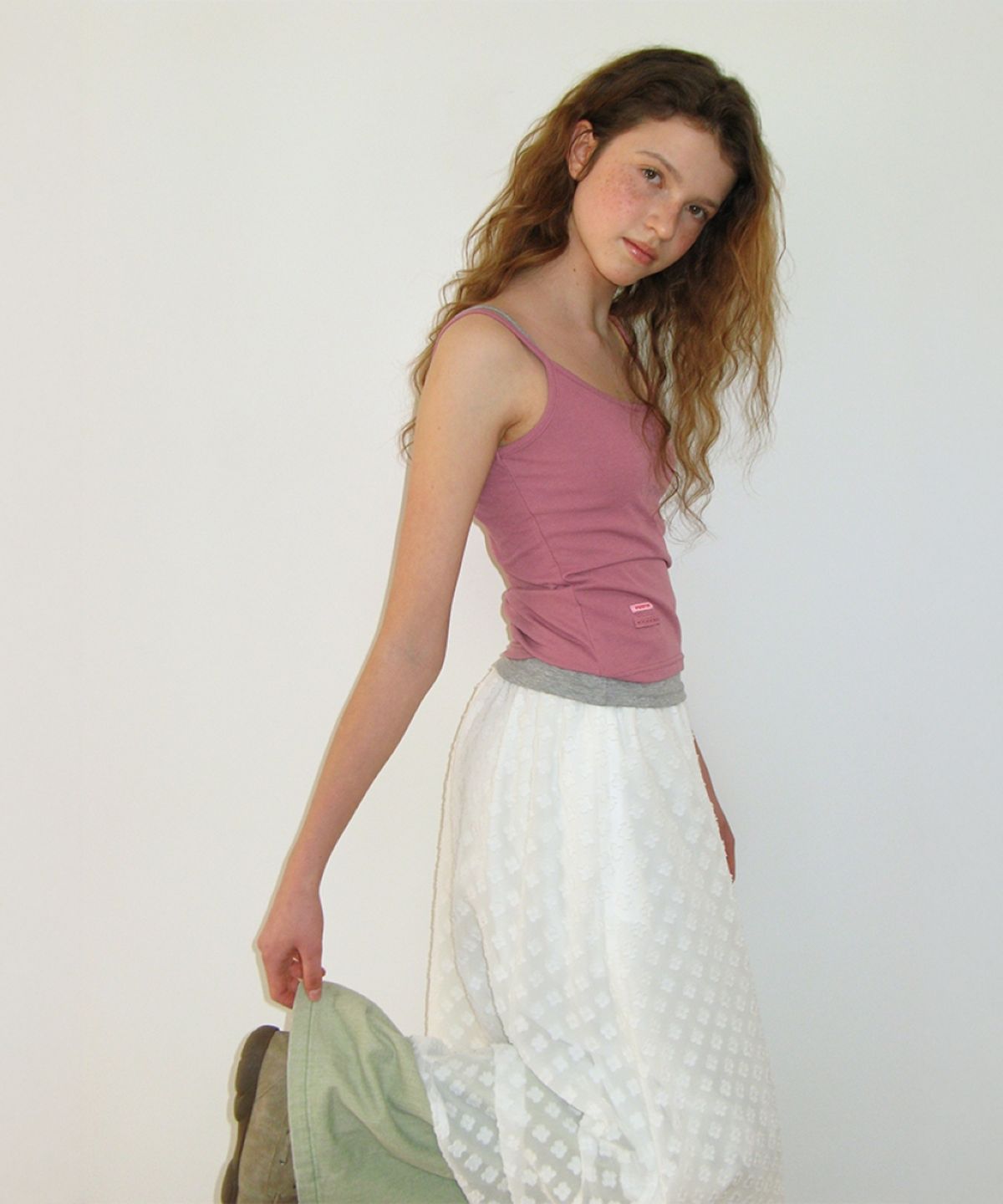 론론(RONRON) SHEER PATTERN STRING LONG SKIRT CLOVER WHITE