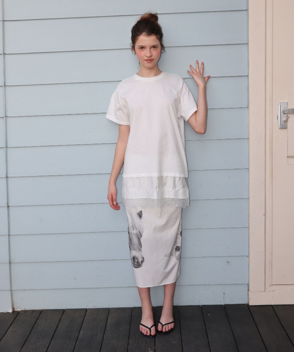 론론(RONRON) PONY CAT PRINT TUBE TOP SKIRT IVORY