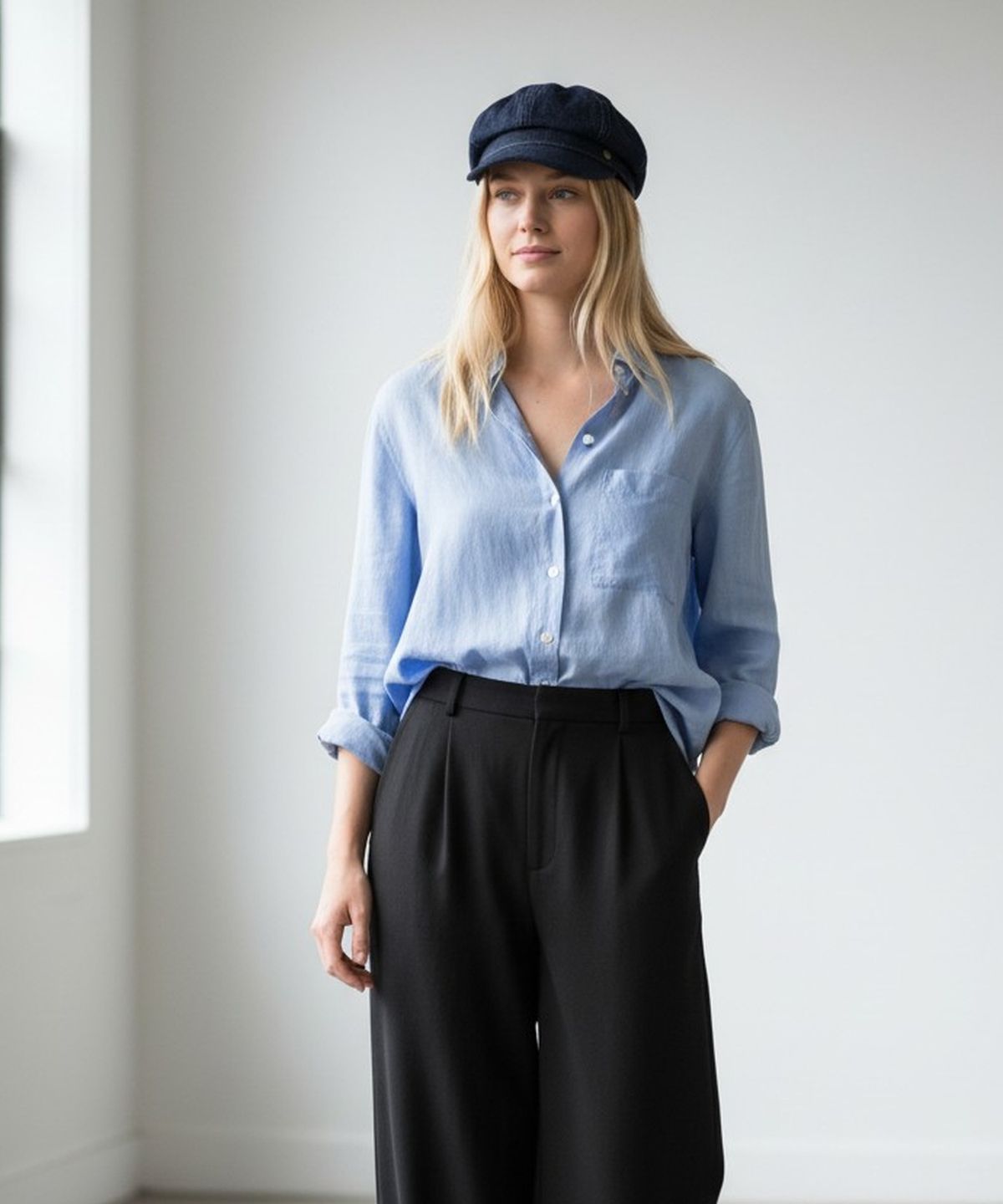 유니버셜 케미스트리(UNIVERSAL CHEMISTRY) Dark Denim Logo Newsboy Cap 뉴스보이캡