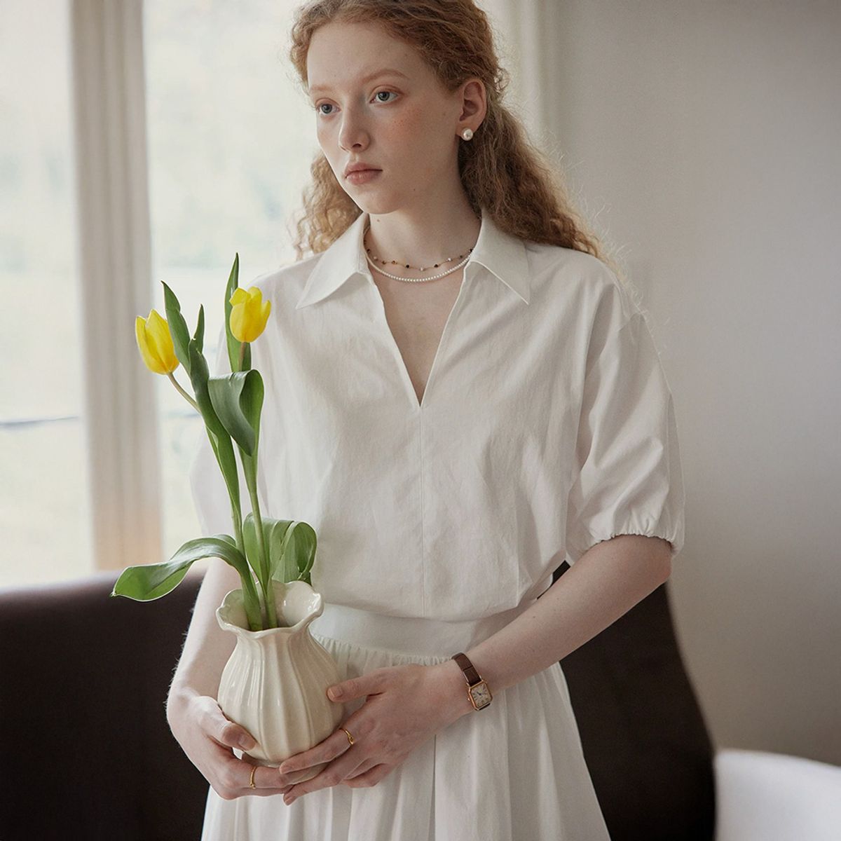 프라우드 마리(PROUD MARY) PM_Collar puff sleeve white dress