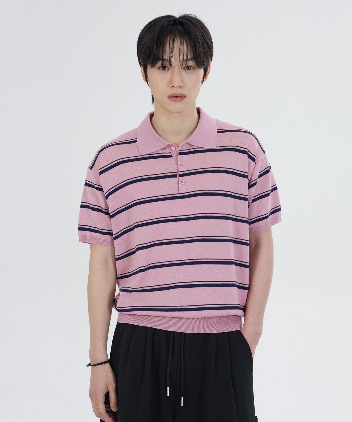 굿라이프웍스(GLW) [unisex] 스트라이프 카라 하프 니트 핑크