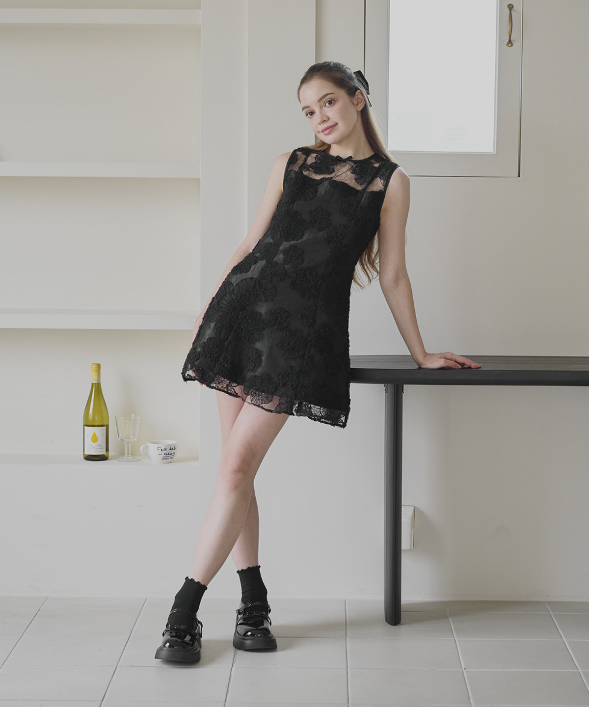 알리에나(ALIENAR) Flower embroidery mini dress
