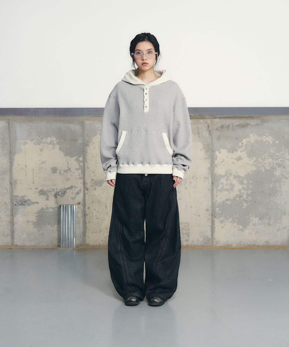 언유즈랩(UNUSEDLAB) 컬러 블록 와플 후디 [메란지]