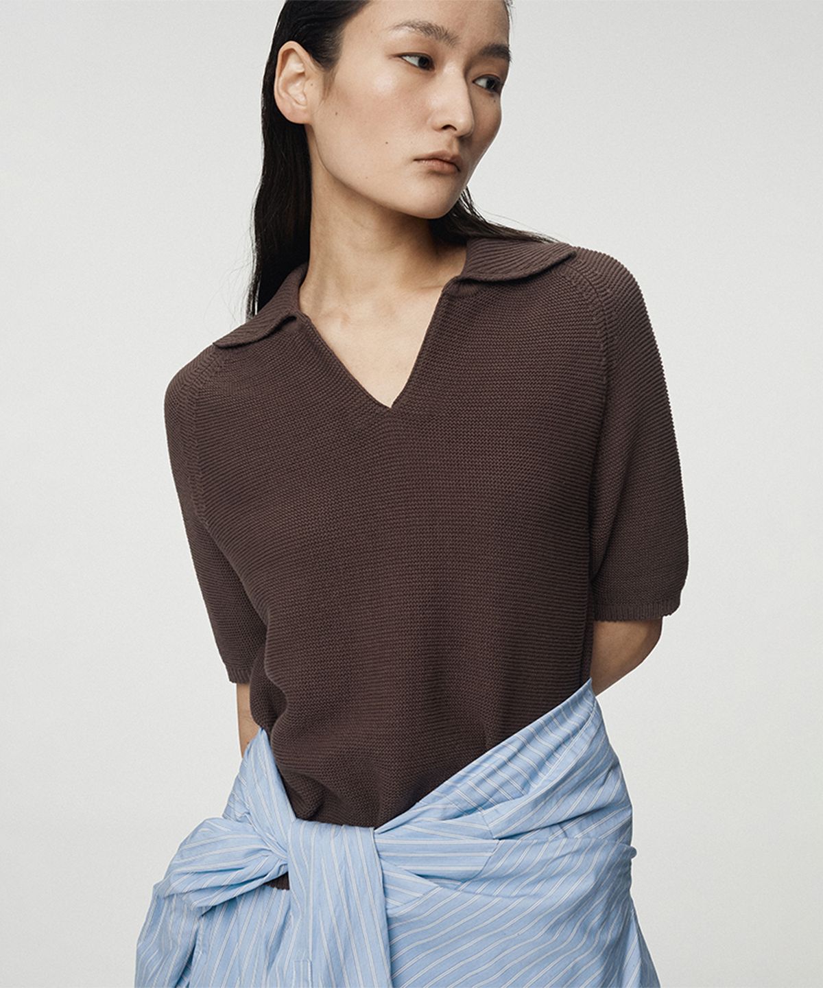 우마뭉(UMARMUNG) Pure Cotton Half Sleeve Collared Pullover_Brown